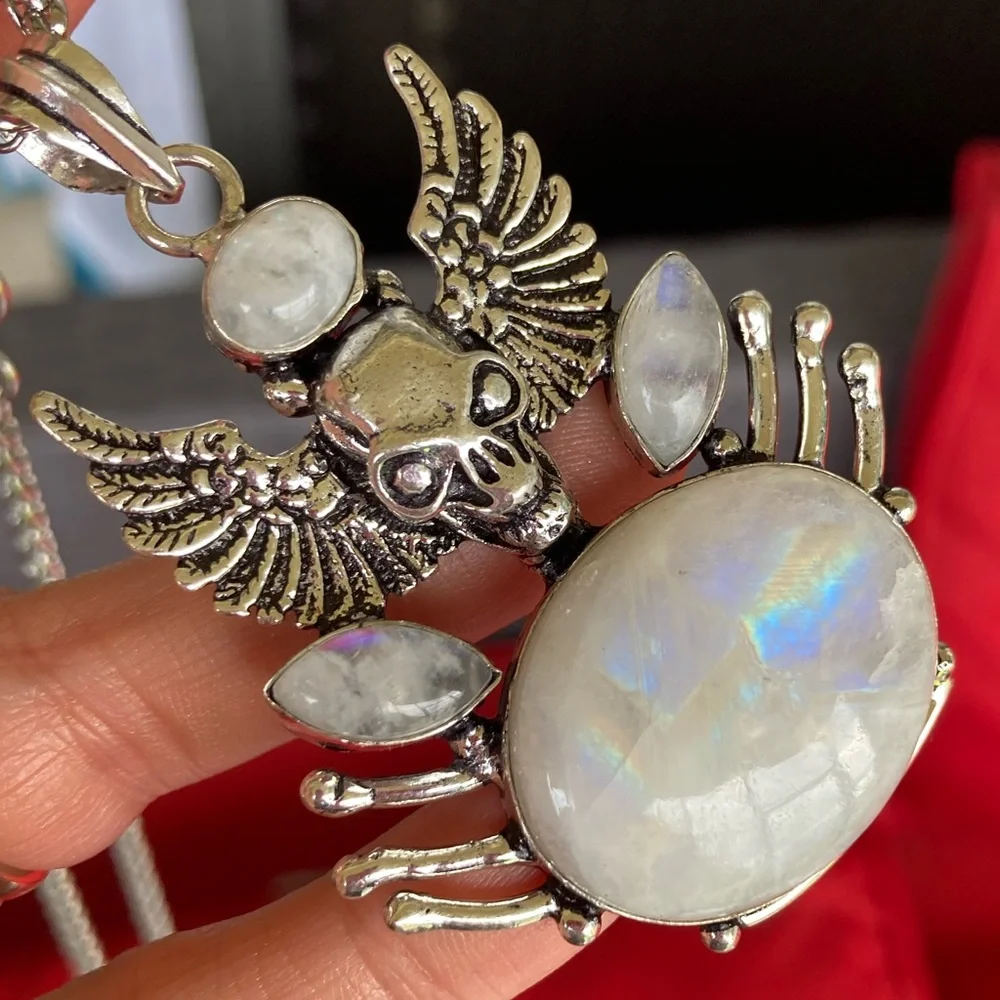Genuine natural Moonstone gemstones  skull design with wings boho goth necklace - Picture 5 of 15